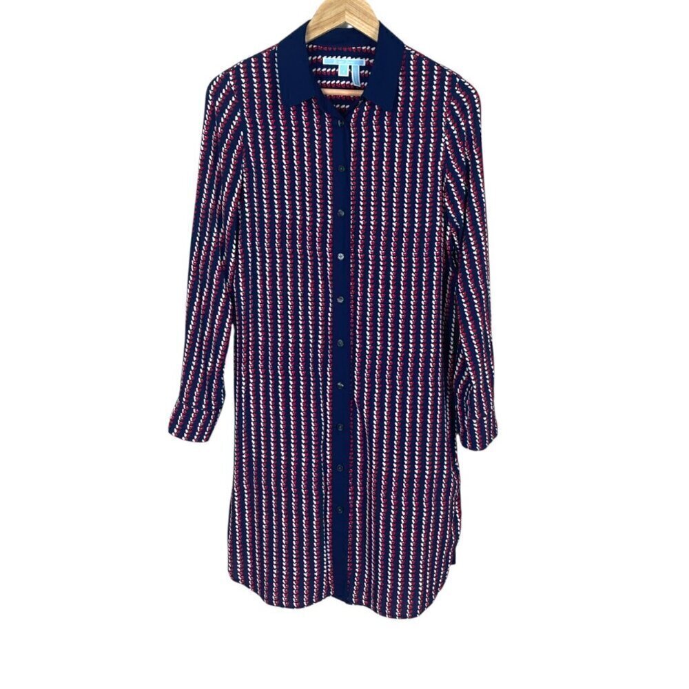 DRAPER JAMES NAVY BLUE AND RED HEART FIELD PRINTED BUTTON UP SHIFT DRESS